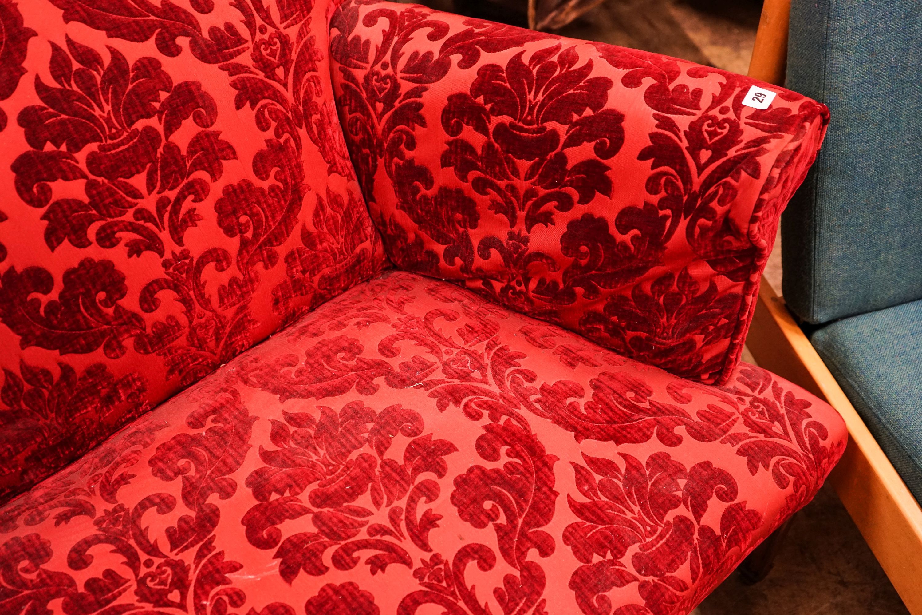 A George III upholstered settee, length 170cm, depth 70cm, height 83cm